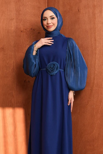 Lacivert Balon Kol Gül  Detaylı Abiye