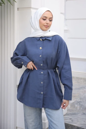 Lacivert Bel Bağlamalı Düğmeli Tunik