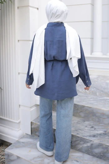 Lacivert Bel Bağlamalı Düğmeli Tunik