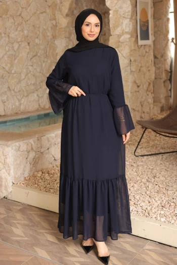 Lacivert Bel Bağlamalı Eteği Katlı Şifon Elbise