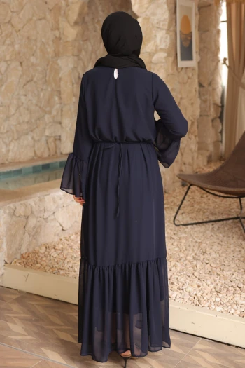 Lacivert Bel Bağlamalı Eteği Katlı Şifon Elbise
