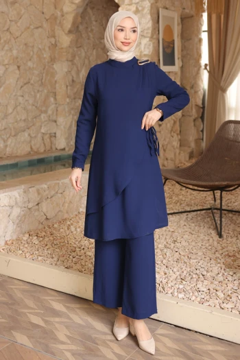 Lacivert Bel Bağlamalı Tunik Pantolonlu Takım