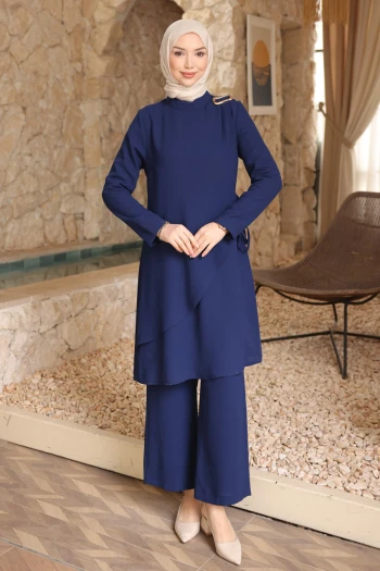 Lacivert Bel Bağlamalı Tunik Pantolonlu Takım