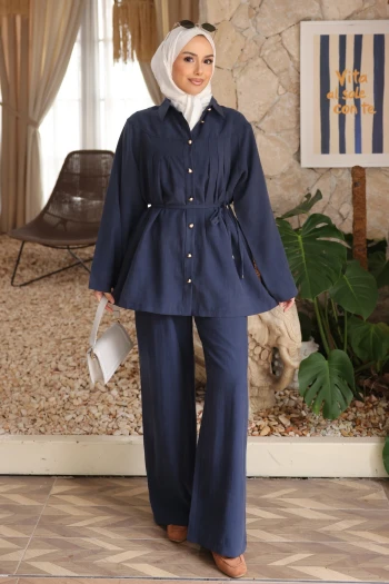 Lacivert Bel Bağlamalı Tunik Pantolonlu Tansel Takım