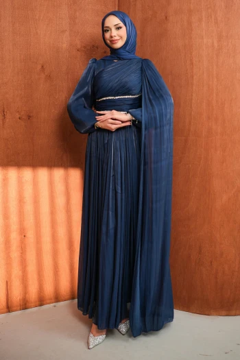Lacivert Bel Büzgülü Taşlı Abiye