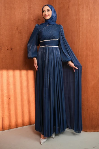 Lacivert Bel Büzgülü Taşlı Abiye