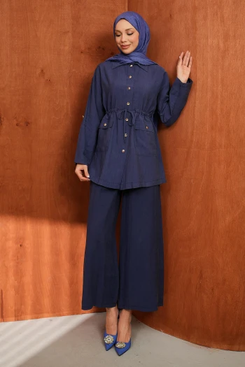 Lacivert Bel İp Büzgülü Tunik Pantolonlu Takım