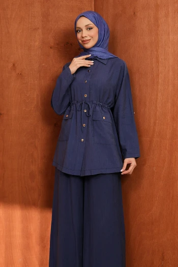 Lacivert Bel İp Büzgülü Tunik Pantolonlu Takım