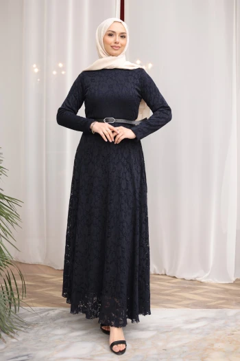 Lacivert Bel Kemerli Dantelli Tül Elbise