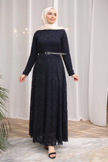 Lacivert Bel Kemerli Dantelli Tül Elbise