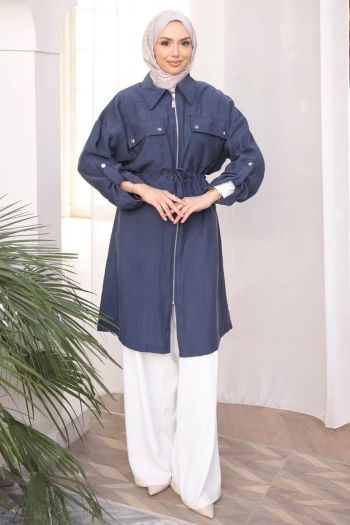 Lacivert Bel Kuşaklı Çift Cepli Gabria Kap