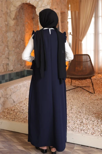 Lacivert Bel Kuşaklı Kolları Fırfırlı Elbise