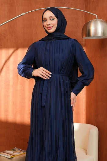 Lacivert Bel Kuşaklı Tül Detaylı Elbise