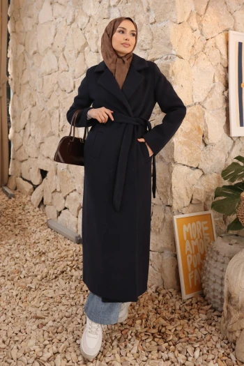 Lacivert Bel Kuşaklı Uzun Kaşe Kaban