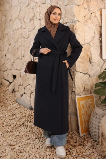 Lacivert Bel Kuşaklı Uzun Kaşe Kaban