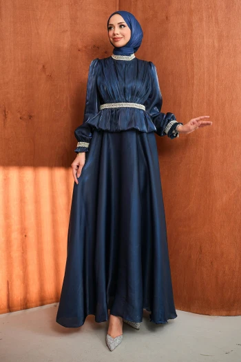 Lacivert Beli Volan Detaylı Taşlı Janjan Saten Abiye
