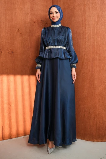 Lacivert Beli Volan Detaylı Taşlı Janjan Saten Abiye