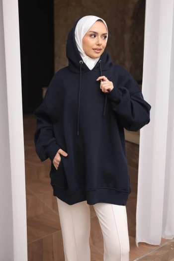 Lacivert Bisiklet Yaka Taşlı Modal Sweatshirt