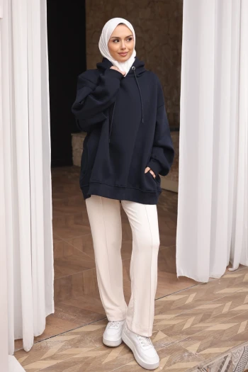 Lacivert Bisiklet Yaka Taşlı Modal Sweatshirt