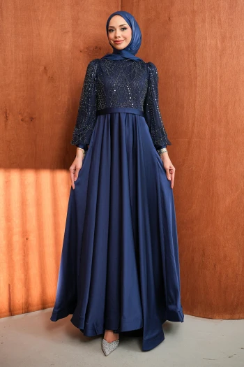 Lacivert Boncuklu İşlemeli Saten Abiye