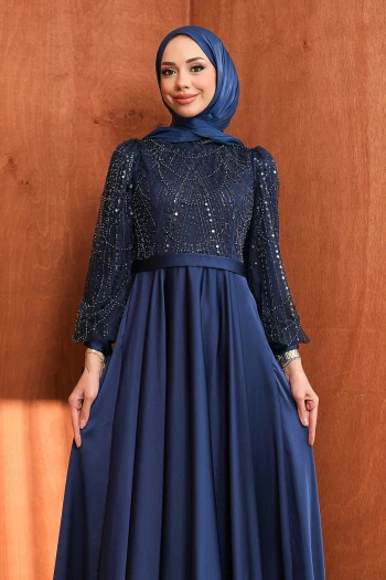 Lacivert Boncuklu İşlemeli Saten Abiye