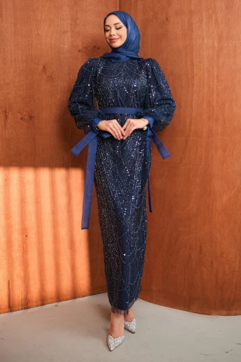 Lacivert Boncuklu Payetli Kemerli Abiye