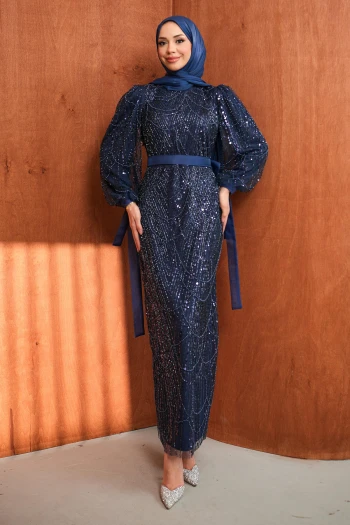 Lacivert Boncuklu Payetli Kemerli Abiye