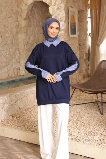 Lacivert Çizgili Dokuma Modal Garnili Tunik