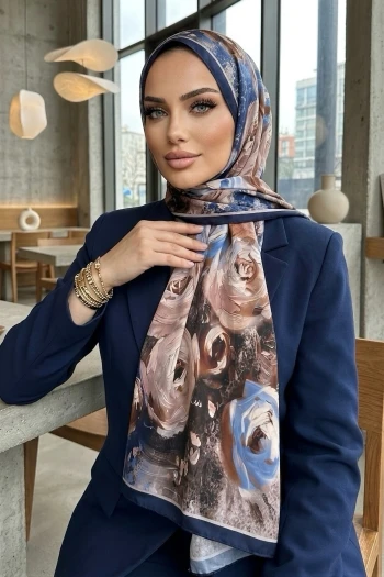 Lacivert Desenli Soft Şal