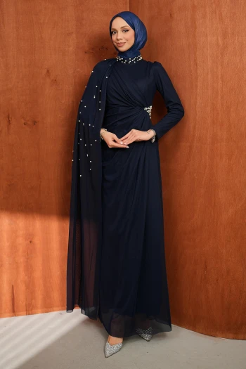Lacivert Drapeli İnci Detaylı  Abiye
