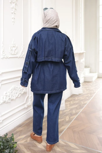 Lacivert Düğmeli Bel Kuşaklı Ceket Pantolonlu Kot Takım