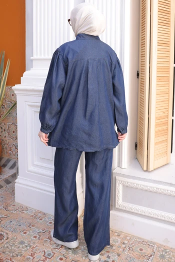 Lacivert Düğmeli Ceket Pantolonlu Tensel Kot Takım