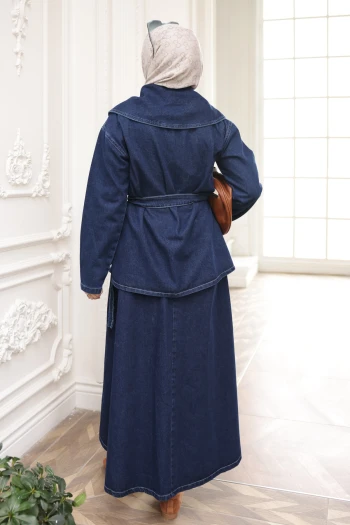 Lacivert Düğmeli  Kot Ceket Etek Takım