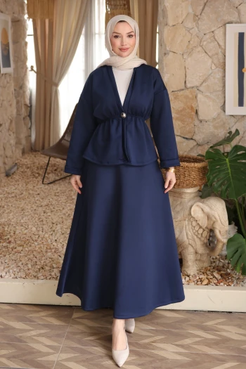 Lacivert Düğmeli Lastikli Ceket Etekli Takım