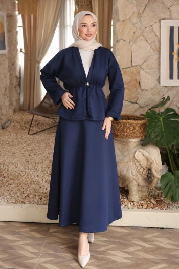 Lacivert Düğmeli Lastikli Ceket Etekli Takım