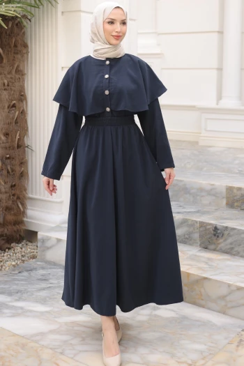 Lacivert Düğmeli Pelerinli Gömlek Etekli Takım