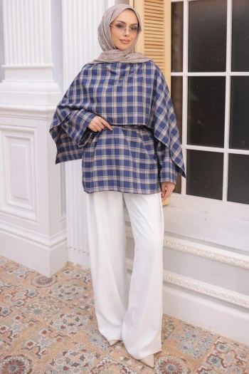 Lacivert Ekose Desen Bel Bağlamalı Şal Detay Tunik