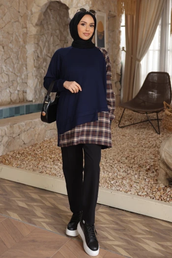 Lacivert Ekose Garnili Modal Tunik