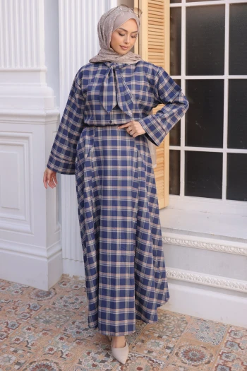 Lacivert Ekose Yaka Detaylı Gömlek Etekli Takım