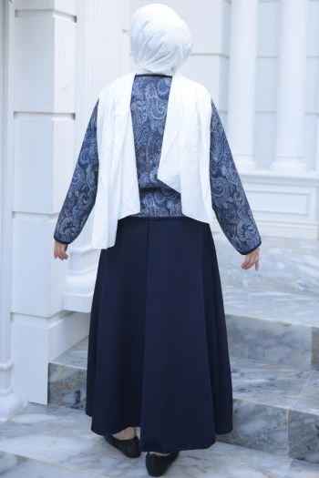 Lacivert Etnik Desenli Ceket Etekli Takım