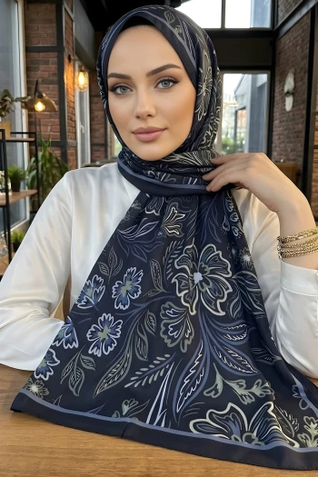 Lacivert Etnik Desenli Soft Şal