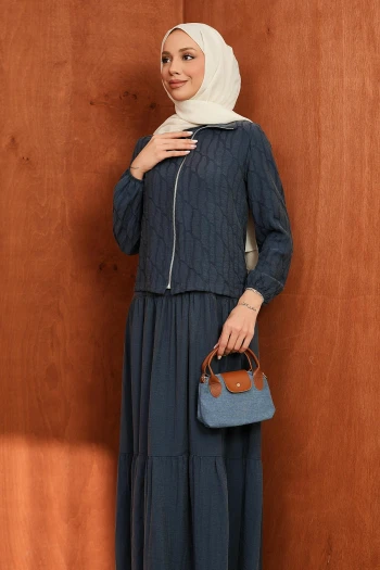 Lacivert Fermuarlı Ceket Eteği Katlı Jile Takım