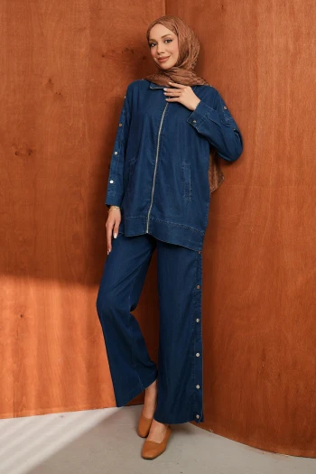 Lacivert Fermuarlı Ceket Pantolonlu Tensel Kot Takım