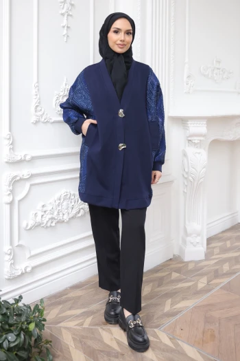 Lacivert Fermuarlı Detaylı Tunik Pantolonlu Takım