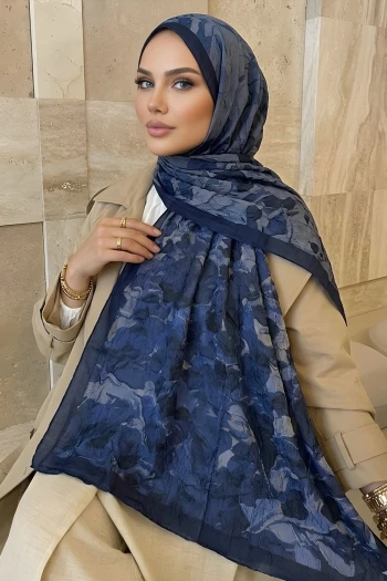Lacivert İpekhan Desenli Kraş Şal