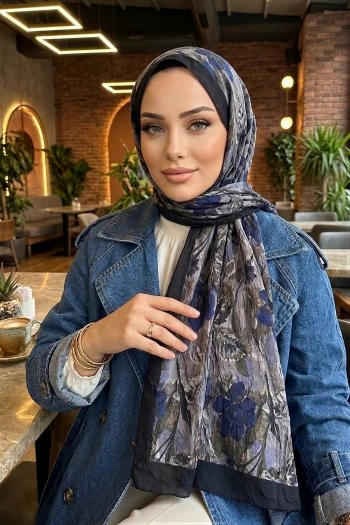 Lacivert İpekhan Desenli Kraş Şal