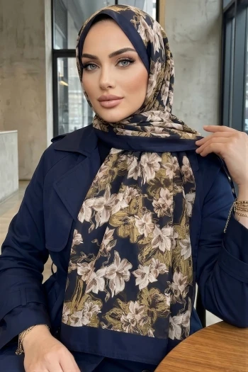 Lacivert İpekhan Desenli Soft Dijital Şal