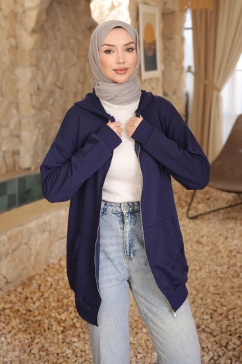 Lacivert Kanguru Cepli Üç İplik Sweatshirt