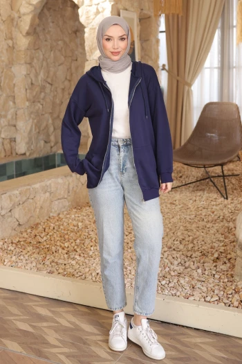 Lacivert Kanguru Cepli Üç İplik Sweatshirt