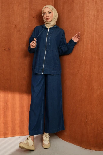 Lacivert Kapuşonlu Tunik Pantolonlu Kot Takım